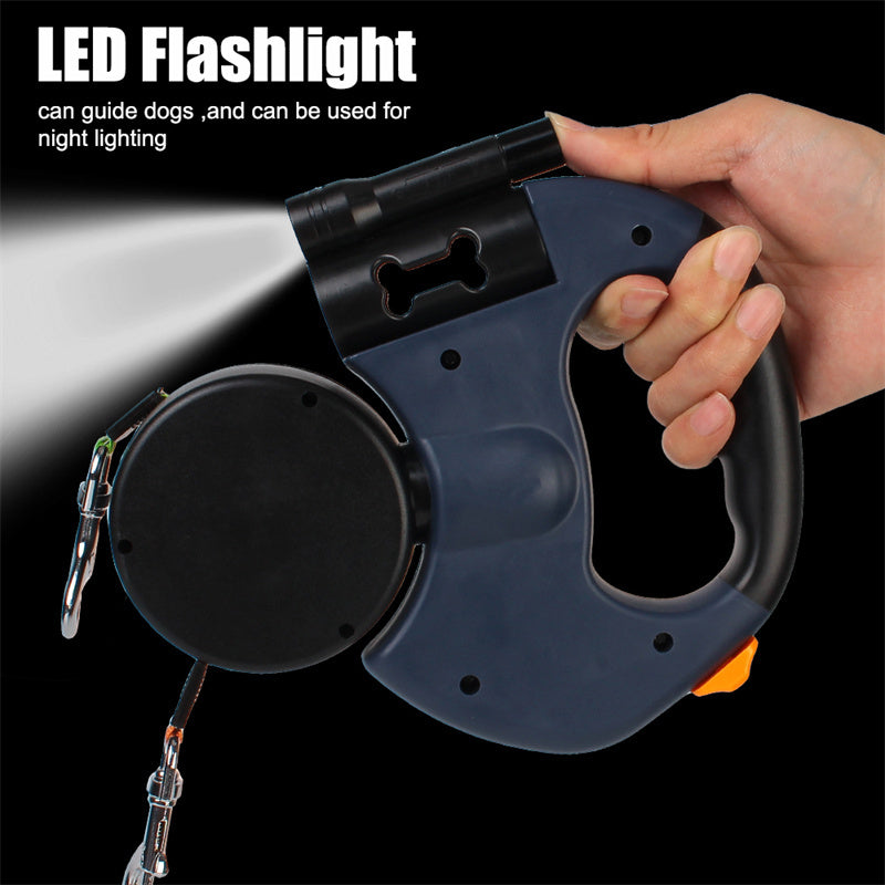 2-in-1 Retractable Dog Leash – Walk Two Dogs with Built-in Light & Poop Bag Storage