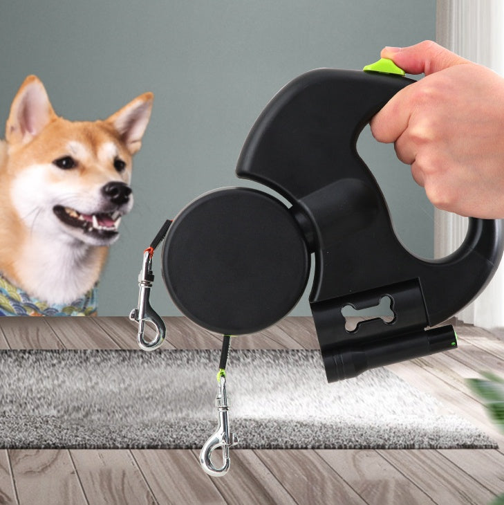 2-in-1 Retractable Dog Leash – Walk Two Dogs with Built-in Light & Poop Bag Storage