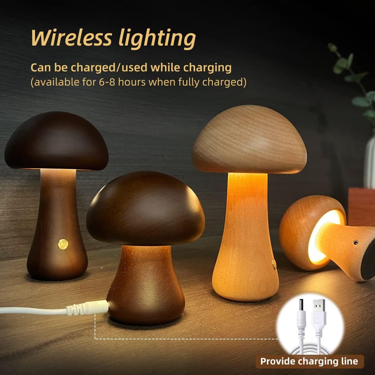 Wooden Mushroom LED Night Light – Touch Switch Bedside Lamp for Bedroom & Kids Room