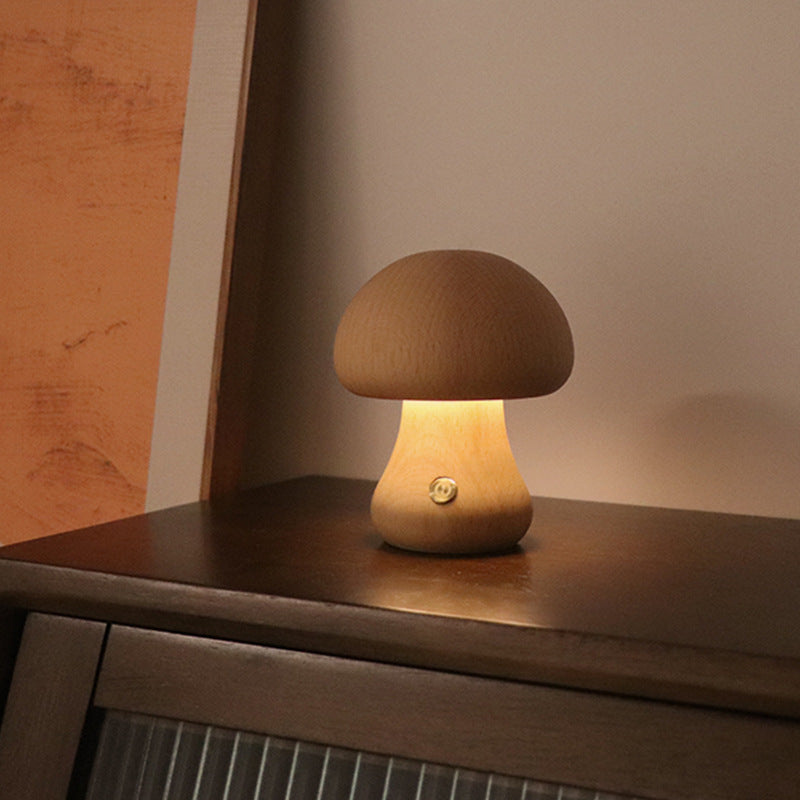 Wooden Mushroom LED Night Light – Touch Switch Bedside Lamp for Bedroom & Kids Room