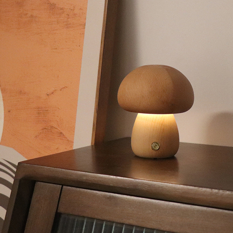 Wooden Mushroom LED Night Light – Touch Switch Bedside Lamp for Bedroom & Kids Room