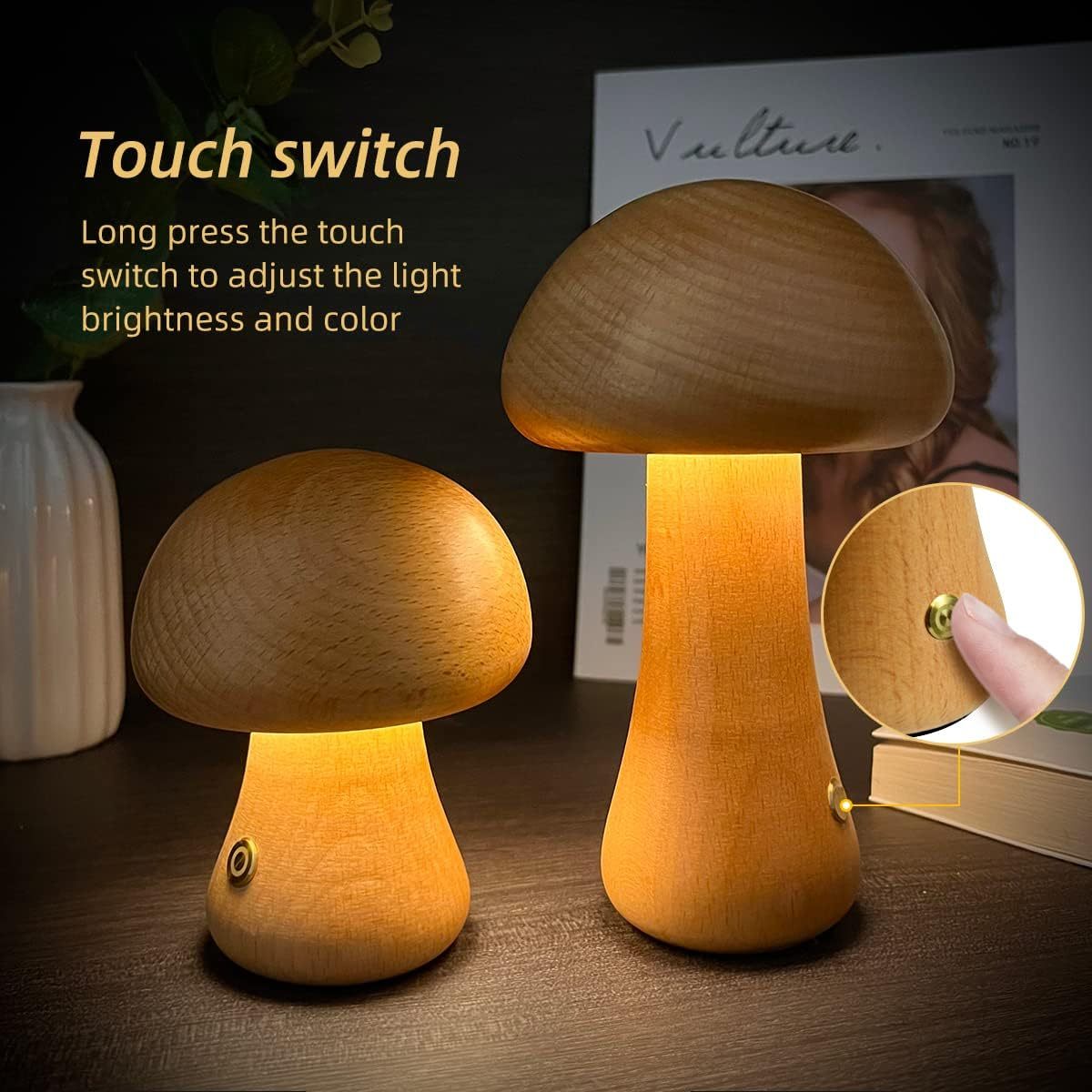 Wooden Mushroom LED Night Light – Touch Switch Bedside Lamp for Bedroom & Kids Room