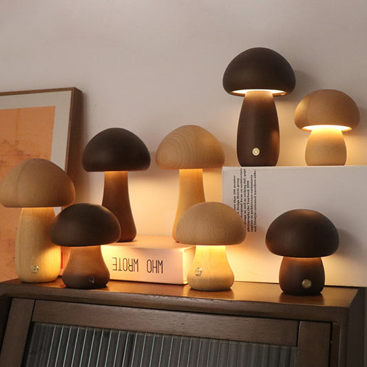 Wooden Mushroom LED Night Light – Touch Switch Bedside Lamp for Bedroom & Kids Room
