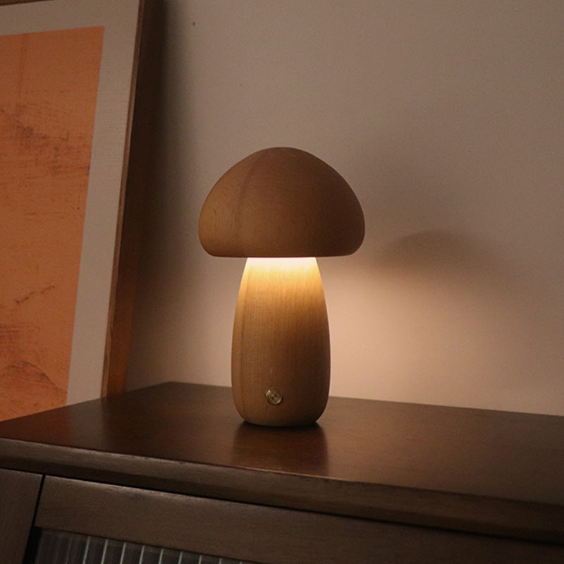 Wooden Mushroom LED Night Light – Touch Switch Bedside Lamp for Bedroom & Kids Room