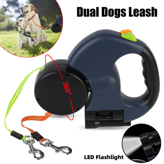 2-in-1 Retractable Dog Leash – Walk Two Dogs with Built-in Light & Poop Bag Storage