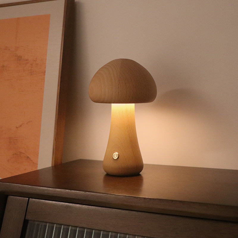 Wooden Mushroom LED Night Light – Touch Switch Bedside Lamp for Bedroom & Kids Room